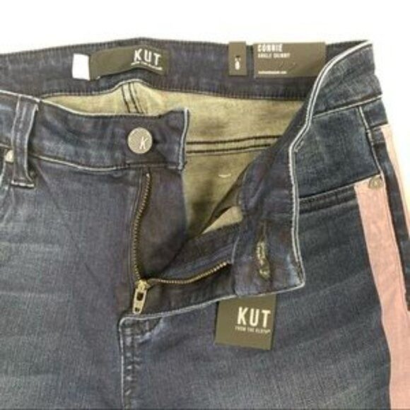 KUT from the Kloth Blue W/ Pink Stripe Raw Hem Ankle Skinny Jeans Size 6 - Picture 14 of 16